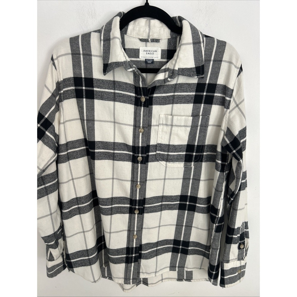 American Eagle Soft Women's Oversized XS Flannel Shirt Black White Plaid Outdoor